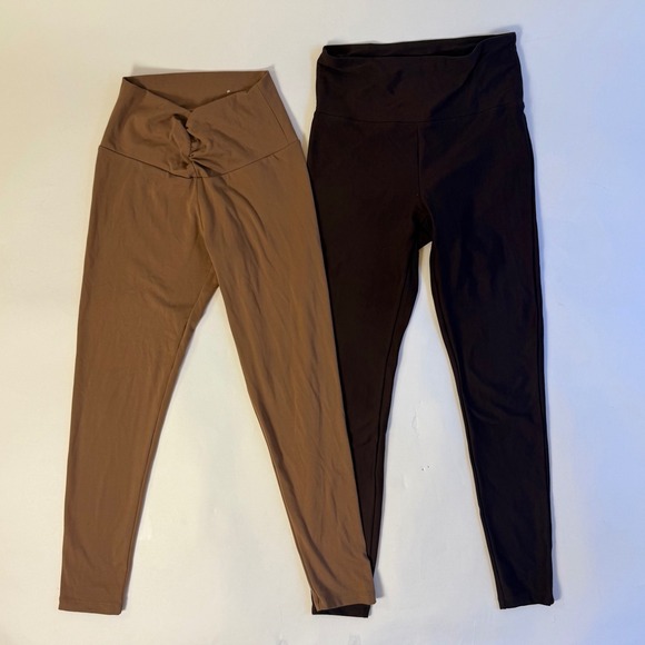 SO Pants - SO Womens High Waisted 7/8 Leggings Set Tan Crossover Twist & Black Small 2PK